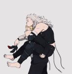  1boy 1girl absurdres arm_around_neck bare_shoulders barefoot belt black_nails black_pants black_shirt blonde_hair cable carrying closed_mouth cross detached_sleeves dorohedoro ear_piercing earrings elbow_pads flipped_hair from_side glasses grey_background grey_hair high_heels highres holding holding_shoes inverted_cross jewelry ki_(mxxxx) knee_pads long_hair looking_away midriff_peek multiple_earrings nail_polish noi_(dorohedoro) outstretched_arm pants piercing piggyback profile red_eyes shin_(dorohedoro) shirt shoe_soles shoes shoes_removed short_hair simple_background stiletto_heels toenail_polish toenails walking 