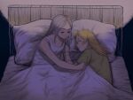  1boy 1girl bare_arms bare_shoulders bed blonde_hair closed_eyes covering_with_blanket dorohedoro dress green_shirt grey_hair highres ki_(mxxxx) long_hair lying noi_(dorohedoro) on_back on_bed on_side outstretched_arm pillow red_eyes shared_blanket shin_(dorohedoro) shirt short_sleeves sitting sleeping sleepwear sleeveless sleeveless_dress smile stitched_arm straight_hair sundress t-shirt under_covers white_dress younger 