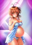  1girl antenna_hair artist_name babydoll bangs bare_shoulders big_belly blush breasts brown_hair clannad commentary deviantart_username dress furukawa_nagisa hair_between_eyes hands_on_own_breasts happy highres k.g.fantasy large_breasts looking_at_viewer patreon patreon_username pinup_(style) pregnant short_hair smile solo standing thick_thighs thighs underwear watermark web_address yellow_eyes 