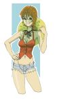  1girl alternate_costume bare_legs breasts hand_on_hip hat highres nami_(one_piece) one_piece orange_hair shadow short_hair shorts smile solo zel 