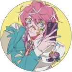  1boy amemura_ramuda bandaid bandaid_on_face bandaid_on_nose bangs blue_eyes blue_nails cellphone cellphone_charm charm_(object) closed_mouth colored_eyelashes heart heart-shaped_pupils highres holding holding_phone hypnosis_mic long_sleeves nail_polish neck_ribbon phone pink_hair red_ribbon reichio ribbon shirt short_hair sidelocks smartphone sticker_on_face symbol-only_commentary symbol-shaped_pupils white_shirt yellow_background 