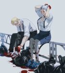 1boy 1girl adjusting_hair arms_behind_head arms_up bent_over black_necktie black_pants blonde_hair blood blood_in_hair blood_on_clothes blood_on_face blood_on_ground blood_on_hands blood_on_leg blood_splatter blue_footwear blue_skirt blurry breasts cleavage collared_shirt depth_of_field dorohedoro dress_shirt earrings formal glasses grey_hair grey_legwear hair_bun jewelry ki_(mxxxx) large_breasts long_sleeves looking_at_viewer looking_down miniskirt necktie noi_(dorohedoro) pants pantyhose pencil_skirt red_eyes shin_(dorohedoro) shirt shoes short_hair simple_background single_hair_bun sitting_on_railing skirt sleeves_rolled_up sneakers stitched_arm suit trash_bag tying_footwear untied updo white_shirt 