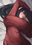  1girl absurdres arm_up bed_sheet befe black_hair blush breasts covered_navel finger_to_mouth hairband highres large_breasts long_hair long_sleeves lying on_back red_eyes red_sweater solo spy_x_family sweater upper_body yor_briar 