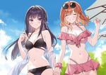  2girls bangs bare_shoulders beach_umbrella bikini bikini_skirt black_bikini black_hair blue_sky blunt_bangs blush breasts cleavage closed_eyes cloud cloudy_sky collarbone cowboy_shot eyewear_on_head frilled_bikini frills grin hair_ornament hair_ribbon halterneck highleg highleg_bikini highres holding_hands kuroki_(ma-na-tu) looking_at_viewer medium_breasts medium_hair multiple_girls musical_note_hair_ornament navel off_shoulder orange_hair original outdoors pink_bikini purple_eyes ribbon round_eyewear scrunchie shirt sky smile standing stomach summer swept_bangs swimsuit teeth tinted_eyewear umbrella white_shirt wrist_scrunchie 