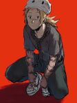  1boy backlighting bag blonde_hair clothes_writing dirty dorohedoro grey_shirt highres ki_(mxxxx) long_hair looking_at_viewer male_focus mask mask_on_head noose object_on_head pants plastic_bag red_background rope_around_neck scar scar_on_face scar_on_nose shadow shin_(dorohedoro) shirt shoes short_sleeves simple_background sneakers solo squatting stitched_arm stitched_fingers white_footwear younger 