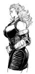 1girl arm_wrap bare_shoulders breasts closed_mouth collared_shirt cowboy_shot cross detached_sleeves dorohedoro dress earrings greyscale highres inverted_cross jewelry ki_(mxxxx) large_breasts long_hair looking_away monochrome multiple_earrings necktie noi_(dorohedoro) pencil_dress profile red_eyes ring shirt simple_background solo spot_color tight 