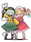  2girls :d ascot bangs black_footwear black_headwear blonde_hair closed_eyes crystal facing_viewer fang flandre_scarlet full_body green_hair green_skirt hat hat_ribbon heart heart_of_string highres holding holding_knife holding_stuffed_toy knife komeiji_koishi long_sleeves miz_(mizillustration) mob_cap multiple_girls one_side_up open_mouth red_footwear red_skirt red_vest ribbon shirt short_hair simple_background skirt smile standing stuffed_animal stuffed_toy teddy_bear teeth third_eye touhou upper_teeth vest white_background white_headwear white_legwear white_shirt wide_sleeves wings yellow_ascot yellow_ribbon yellow_shirt 