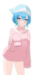  1boy :3 bare_legs blue_eyes blue_hair blue_headwear blush collar collarbone commentary copyright_request cowboy_shot eyes_visible_through_hair hair_between_eyes highres kujira-chan_(hina_misora) leaning_forward otoko_no_ko pink_sweater pmasterm sailor_collar short_hair shy simple_background sleeves_past_fingers sleeves_past_wrists spanish_commentary sweater thighs wactor_production whale_hat white_background white_collar 