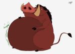  2020 belly big_belly bloated digestion digestion_noises disney feral fur hand_on_stomach hi_res male mammal obese obese_feral obese_male overweight overweight_feral overweight_male pumbaa raised_tail richmanwolf sitting smile solo sound_effects suid suina text the_lion_king tusks warthog 