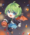  1girl :d bangs black_jacket black_legwear black_nails blue_eyes boots brown_footwear candy candy_corn chibi commentary dated demon_girl demon_horns demon_wings english_commentary fang food frilled_sleeves frills full_body green_hair hair_between_eyes halloween_bucket holding horns jacket kobutanori long_sleeves looking_at_viewer nail_polish original red_wings shirt short_hair signature sleeves_past_wrists smile solo thighhighs thighhighs_under_boots white_shirt wide_sleeves wings 