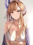  1girl arms_under_breasts asymmetrical_bangs bangs bikini blush bracelet breasts brown_eyes brown_hair choker cleavage closed_mouth collarbone embarrassed flower granblue_fantasy hair_flower hair_ornament highres jewelry kanpyou_(hghgkenfany) large_breasts long_hair looking_at_viewer official_alternate_costume shawl solo swimsuit tweyen_(eternal&#039;s_summer_vacation)_(granblue_fantasy) tweyen_(granblue_fantasy) upper_body wet white_bikini white_choker 