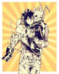  1boy 1girl :d afterimage animal ankle_boots arm_around_neck armor backpack bag bangs boots broken_horn carrying clothed_animal cowboy_shot creature demon_horns demon_tail dokuga dorohedoro dress ebisu_(dorohedoro) facial_mark hair_between_eyes hand_on_another&#039;s_head hand_up headpat horns kikurage_(dorohedoro) leg_armor long_sleeves mask monochrome nabeniruu outside_border princess_carry ribbon scythe shirt short_dress short_hair skull_mask smile sunburst tail tongue tongue_out torn_clothes torn_shirt turtleneck weapon 