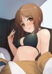  1girl absurdres arm_at_side bangs bare_shoulders black_bra blush bra breasts brown_eyes brown_hair cleavage costume fanning_face girls_und_panzer highres hot indoors kakimoto_nao large_breasts navel nishizumi_miho open_mouth room short_hair sidelocks stomach sweat underwear undressing 