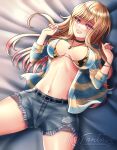  1girl bangs blonde_hair bra bracelet breasts choker cleavage collarbone denim denim_shorts ear_piercing earrings facing_viewer floral_print grin highres jeans jewelry k.g.fantasy kitagawa_marin large_breasts long_hair looking_at_viewer lying nail_polish on_back open_clothes open_mouth open_shirt outstretched_arms pants piercing red_eyes shirt shorts smile solo sono_bisque_doll_wa_koi_wo_suru spread_arms spread_legs swimsuit underwear undressing 