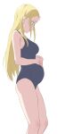  1girl bare_legs blonde_hair blue_eyes blue_swimsuit breasts cowboy_shot from_side hands_on_own_stomach highres kofune_ushio large_breasts long_hair one-piece_swimsuit pregnant profile school_swimsuit simple_background sincos solo summertime_render swimsuit very_long_hair white_background 