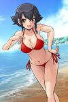  1girl :d artist_name bangs bare_arms bare_legs beach bikini black_hair blue_sky blush braid breasts brown_eyes cleavage cloud collarbone day girls_und_panzer hair_between_eyes hand_on_hip large_breasts leaning_forward looking_at_viewer matsui_yasutsugu medium_hair navel ocean open_mouth outdoors pepperoni_(girls_und_panzer) red_bikini shiny shiny_hair side-tie_bikini sideboob single_braid sky smile solo standing summer swimsuit 