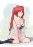  1girl animal_ears bangs bikini black_bow black_footwear boots bow breasts cerberus_(shingeki_no_bahamut) cleavage clothes_down collarbone commentary dog_ears hair_between_eyes knee_boots long_hair medium_breasts navel open_mouth pepeo red_eyes red_hair see-through see-through_shirt shingeki_no_bahamut shiny shiny_hair sitting solo sweatdrop swimsuit twintails very_long_hair wariza white_bikini 