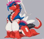  absurd_res anthro areola blush breasts buta99 dragon feathers female hi_res koraidon legendary_pok&eacute;mon looking_at_viewer nintendo nude pok&eacute;mon pok&eacute;mon_(species) red_body simple_background solo tire video_games 