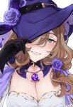  1girl artist_name black_gloves breasts cleavage close-up commentary covering_one_eye flower genshin_impact gloves green_eyes hair_ornament half-closed_eyes hand_on_headwear hand_up hat highres large_breasts light_brown_hair lisa_(genshin_impact) medium_hair nalumia purple_flower purple_headwear purple_rose rose simple_background solo vision_(genshin_impact) white_background witch_hat 