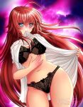  1girl artist_name bangs belly black_bra black_panties black_underwear blue_eyes blush bra breasts closed_mouth clothes_in_mouth clothes_lift commentary covered_nipples curvy demon_wings deviantart_username eyelashes hair_between_eyes high_school_dxd highres hip_focus holding huge_breasts k.g.fantasy kgfantasy lace large_breasts light_smile lingerie lips long_hair looking_at_viewer loose_clothes loose_shirt mature_female oversized_clothes oversized_shirt panties parted_lips patreon_username red_hair rias_gremory shirt short_sleeves signature smile solo standing thick_thighs thighs twitter_username underwear very_long_hair watermark web_address white_shirt wide_hips wings 