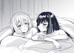  2girls aoba_moca bang_dream! blush bob_cut collarbone greyscale highres looking_at_another lying mitake_ran monochrome multiple_girls nude on_bed on_stomach short_hair side-by-side sketch smile under_covers yuri zawameki 