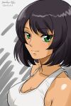  1girl artist_name bangs black_hair breasts cleavage closed_mouth collarbone girls_und_panzer green_eyes hoshino_(girls_und_panzer) looking_at_viewer matsui_yasutsugu medium_breasts medium_hair shiny shiny_hair shiny_skin smile solo straight_hair tank_top upper_body white_tank_top 