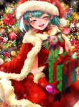  1girl :d bell blue_eyes blue_ribbon blush box cape christmas_tree dededeteiu flower fur-trimmed_cape fur-trimmed_gloves fur-trimmed_headwear fur-trimmed_skirt fur_trim gift gift_box gloves green_hair hagoromo_lala hat highres holding holding_box jingle_bell looking_at_viewer open_mouth pointy_ears precure red_cape red_flower red_gloves red_headwear red_skirt ribbon santa_costume santa_hat shiny shiny_hair skirt smile solo star-shaped_pupils star_(symbol) star_twinkle_precure symbol-shaped_pupils 