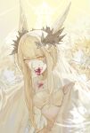  1girl au_ra avatar_(ff14) bangs bing_ling_aisu blonde_hair blood blood_on_clothes blood_on_face chinese_commentary cleavage_cutout clothing_cutout commentary_request dragon_horns empty_eyes final_fantasy final_fantasy_xiv floral_background flower head_wings head_wreath highres horns long_hair monster_girl scales sidelocks sin_eater_(ff14) solo upper_body white_flower yellow_background yellow_eyes 
