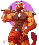  abs anthro clothed clothing dragon eyebrows hair hand_on_hip hi_res horn koru lofnirv male melee_weapon muscular muscular_anthro muscular_male pecs solo sword topless weapon white_hair 