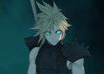  1boy aqua_eyes armor bare_shoulders blonde_hair closed_mouth cloud_strife film_grain final_fantasy final_fantasy_vii green_theme hair_between_eyes kiki_lala looking_at_viewer male_focus pauldrons shoulder_armor silhouette single_bare_shoulder single_pauldron slit_pupils solo spiked_hair sword turtleneck upper_body weapon weapon_on_back 
