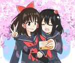  2girls alternate_costume animemania1106 autumn_leaves black_hair brown_eyes cellphone cherry_blossoms closed_eyes graduation hakurei_reimu highres multiple_girls outdoors phone pointy_ears school_uniform selfie serafuku shameimaru_aya smartphone smartphone_case smile touhou v 