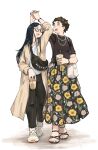  2girls black_hair brown_hair coat floral_print full_body glasses highres holding_hands jewelry long_coat long_hair long_skirt looking_at_another m_k multiple_girls necklace original short_hair simple_background skirt symbol-only_commentary very_short_hair walking yuri 