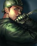  1boy aikawa_(dorohedoro) blue_background brown_hair combat_knife dorohedoro fighting_stance from_side gloves green_headwear grey_gloves hands_up helmet highres holding holding_knife holding_weapon knife long_sleeves looking_at_viewer male_focus shadow short_hair sideburns solo unc upper_body weapon 
