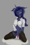  anthro blue_body blue_hair breasts clothed clothing collar collarbone condom dildo equid equine eyebrows female filled_condom friendship_is_magic genitals grey_background hair half-closed_eyes hasbro hi_res hooves horn mammal my_little_pony narrowed_eyes penetration princess_luna_(mlp) pussy sex_toy sexual_barrier_device simple_background solo unicorn vaginal vaginal_penetration ymsgelgoog 