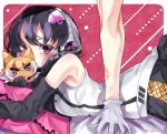  1girl african_penguin_(kemono_friends) animal_ears bed black_eyes black_hair coyote_(kemono_friends) gloves highres kedama_(ughugjydthjdf) kemono_friends kemono_friends_v_project long_hair looking_at_viewer microphone multicolored_hair romeo_to_cinderella_(vocaloid) shirt skirt solo tail virtual_youtuber 