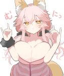  1girl :o animal_ear_fluff animal_ears bangs black_hairband black_wristband blush breast_squeeze breasts cleavage double_fox_shadow_puppet fate/extra fate/extra_ccc fate_(series) fox_ears fox_girl fox_shadow_puppet fox_tail hair_between_eyes hairband half-closed_eyes hood hoodie large_breasts long_hair looking_at_viewer looking_back low_twintails open_clothes open_hoodie pink_hair pink_hoodie sidelocks simple_background solo striped striped_hoodie tail tamamo_(fate) tamamo_no_mae_(fate/extra) tamamo_no_mae_(spring_casual)_(fate) translation_request tsukimi_okayu twintails white_background wristband yellow_eyes zipper 