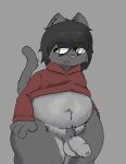  absurd_res balls black_hair clothed clothing domestic_cat felid feline felis flaccid foreskin fur genitals green_eyes grey_body grey_fur hair hi_res male mammal navel overweight overweight_male partially_clothed penis pubes somekindajackal thick_thighs 