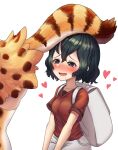  2girls backpack bag black_hair blue_eyes blush breasts drooling heart heart-shaped_pupils kaban_(kemono_friends) kemono_friends looking_at_another multiple_girls neukkom open_mouth red_shirt saliva serval_(kemono_friends) serval_print shirt short_hair short_sleeves skirt small_breasts smile symbol-shaped_pupils tail thighhighs 
