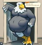  abdominal_bulge accipitrid accipitriform animal_crossing anthro apollo_(animal_crossing) avian belly bird bulge clothing dialogue digestion digital_media_(artwork) doorway eagle jockstrap leaning_on_wall male neighbor nintendo solo tanio underwear video_games vore 