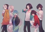  1girl 5boys absurdres ahoge black_hair blue_eyes brown_hair chariki green_hair grey_background highres konnan_arika kurohikari_no_kame long_hair mano_rushia mizukagami_iruka multicolored_hair multiple_boys purple_eyes red_eyes sakamata_jin shikuhakku short_hair virtual_youtuber virtual_yurei white_hair 