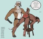  animated anthro belt bent_over bovid bovine bulge butt caprine cattle chair chest_tuft clothing dialogue duo furniture goat holding_tail jockstrap knest low_res male male/male mammal muscular nipple_piercing nipples piercing red_butt spanking tuft underwear 