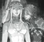  2girls armor bare_shoulders bikini bikini_top_only collar commentary evil_smile final_fantasy final_fantasy_xiv gloves greyscale hand_on_another&#039;s_shoulder headpiece highres jewelry long_hair looking_ahead looking_at_another misija_votyasch mole mole_under_mouth monochrome multiple_girls necklace parted_lips pauldrons poriaflgilake queen_gunnhildr roegadyn shaded_face short_hair shoulder_armor sketch smile swimsuit upper_body v-shaped_eyebrows 