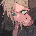  1boy black_background black_tears blonde_hair blue_eyes brown_gloves clenched_teeth cloud_strife corruption crying crying_with_eyes_open eyes_visible_through_hair face film_grain final_fantasy final_fantasy_vii gloves green_eyes hands_on_own_head heterochromia kiki_lala makeup male_focus mascara runny_makeup simple_background slit_pupils solo spiked_hair sweat tears teeth turtleneck upper_body 