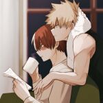  2boys bakugou_katsuki black_tank_top blonde_hair blurry blurry_background boku_no_hero_academia burn_scar coffee_mug couch cup drinking highres holding holding_cup kun_mha leaning_on_object male_focus mug multicolored_hair multiple_boys paper reading red_eyes red_hair scar scar_on_face sitting spiked_hair sweat tank_top todoroki_shouto towel towel_around_neck two-tone_hair white_hair window 