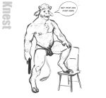  animated anthro belt bench body_hair bovid bovine bulge cattle chest_tuft clothing dialogue happy_trail imminent_spanking jockstrap knest looking_at_viewer male mammal muscular patting solo tuft underwear 