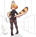  1girl animal_ears ass black_skirt business_suit cat_ears cat_tail extra_ears formal from_behind high_heels highres holding holding_paper kemono_friends office office_lady panties panties_under_pantyhose pantyhose pantyshot paper papers pencil_skirt serval_(kemono_friends) skirt skirt_suit striped_tail suit tail tateoftot underwear 