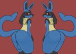  absurd_res anthro balls butt butt_focus canid duo female fur genitals hi_res looking_at_viewer lucario male male/female mammal nintendo nude pok&eacute;mon pok&eacute;mon_(species) presenting presenting_balls presenting_hindquarters rear_view simple_background smile swoomy video_games 
