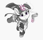  bottomwear clothing equid equine eyelashes female feral friendship_is_magic glowing glowing_horn gun half-closed_eyes hasbro hi_res horn mammal monochrome my_little_pony narrowed_eyes pabbley purple_eyes raised_tail ranged_weapon skirt solo twilight_sparkle_(mlp) unicorn uniform weapon 