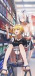  3girls absurdres artist_name bare_arms bare_legs black_shirt blonde_hair blue_eyes blurry blurry_background blush character_name chips collarbone convenience_store dated food genshin_impact hair_over_one_eye halterneck highres in_shopping_cart indoors jewelry laughing long_hair looking_at_another looking_to_the_side lumine_(genshin_impact) multiple_girls necklace open_mouth orange_eyes paimon_(genshin_impact) reaching_out shelf shenhe_(genshin_impact) shirt shop shopping shopping_cart short_hair short_hair_with_long_locks short_sleeves slippers smile swkl:d t-shirt toes white_hair 