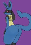  ambiguous_gender anthro butt butt_focus canid canine chest_tuft fur hi_res looking_at_viewer lucario mammal nintendo nude pok&eacute;mon pok&eacute;mon_(species) presenting presenting_hindquarters rear_view simple_background smile swoomy tuft video_games 